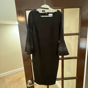 Calvin Klein bell sleeve dress black LBD sequins on sleeve